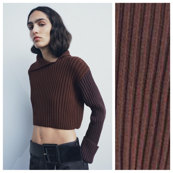 NWT. Zara Two-Toned Brown Rib Knit Cropped Sweater. Size M. - Picture 3 of 11